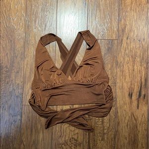 SOLD ON DEPOP Silky brown plunging v cross-tie back top from urban outfitters